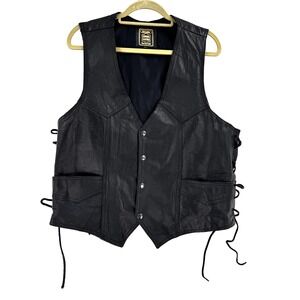 Just Leather Biker Vest Men's Large Black Western Adjustable Lace Up Sides Snaps